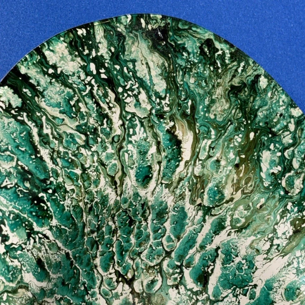 Akcam Turkish Art Glass Green and Beige Splatter print Oval Bowl 11x7.5
